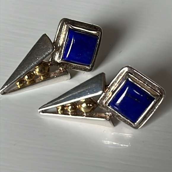 Vintage Lapis Lazuli Blue Sterling Silver Triangle Geometric Earrings - Picture 3 of 12